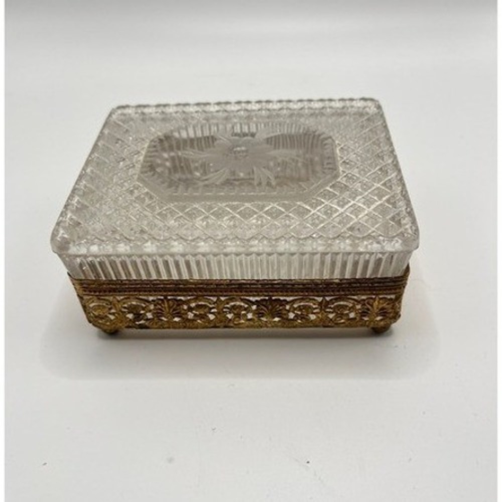 Vintage Crystal Trinket Box Etched Floral Glass Brass Filigree Footed